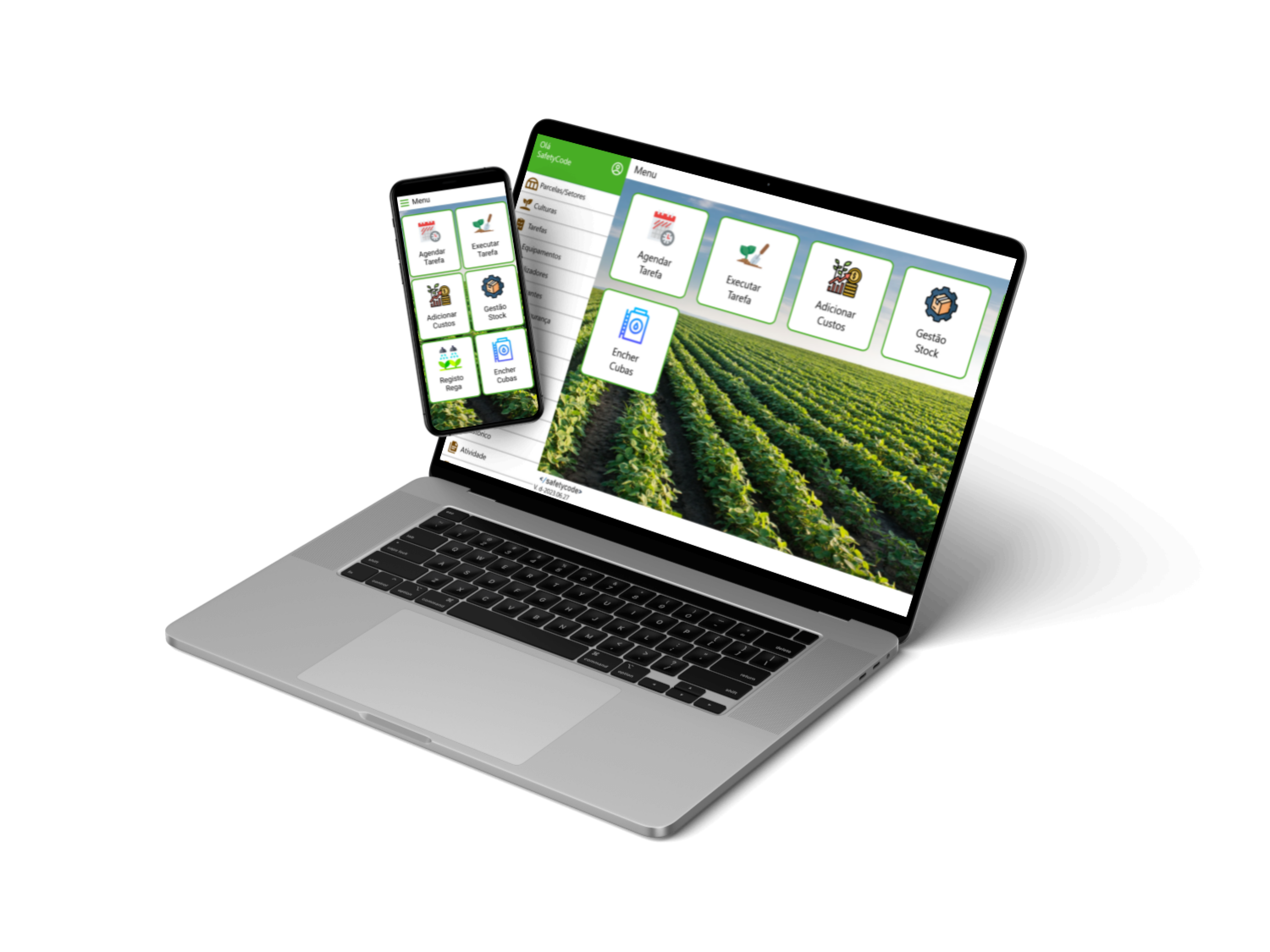 Caderno de Campo Agrícola em computador e telemóvel