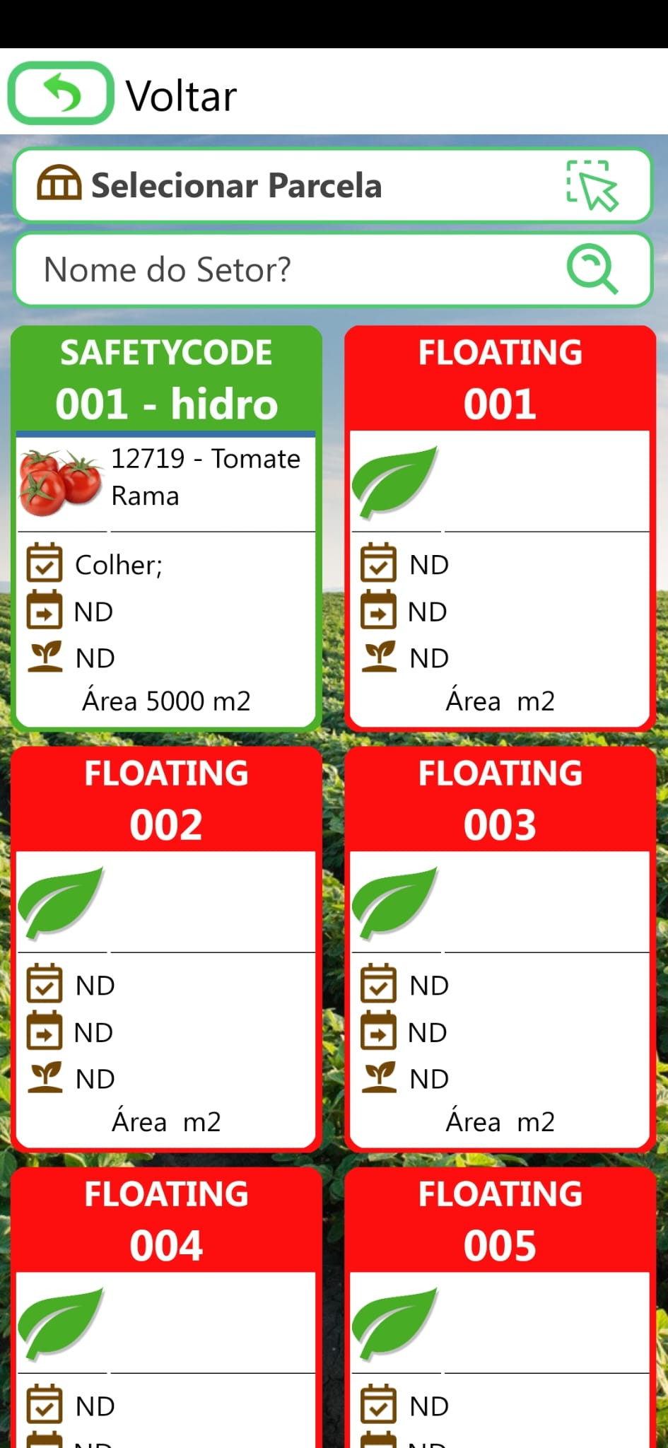 Ecrã de seleção de parcela no Caderno de Campo Agrícola
