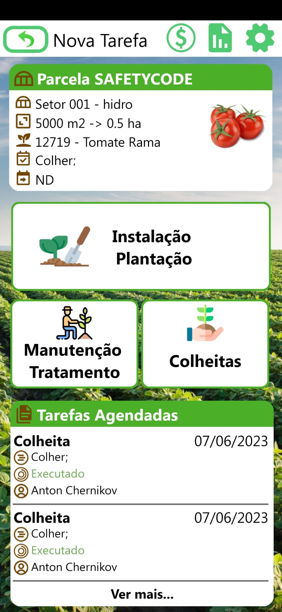 Ecrã de nova tarefa no Caderno de Campo Agrícola